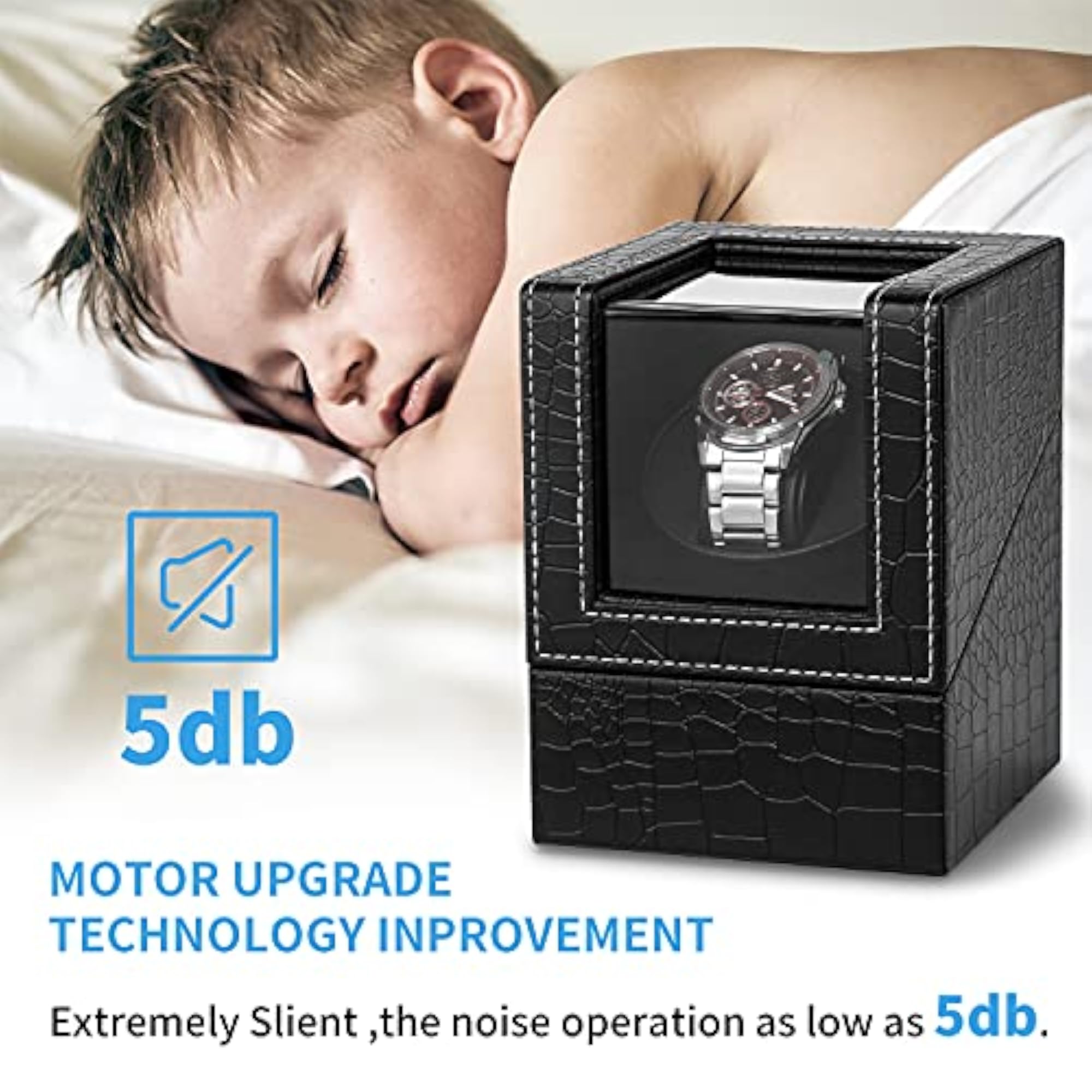 Automatic Single Watch Winder with Black Crocodile Pattern Leather