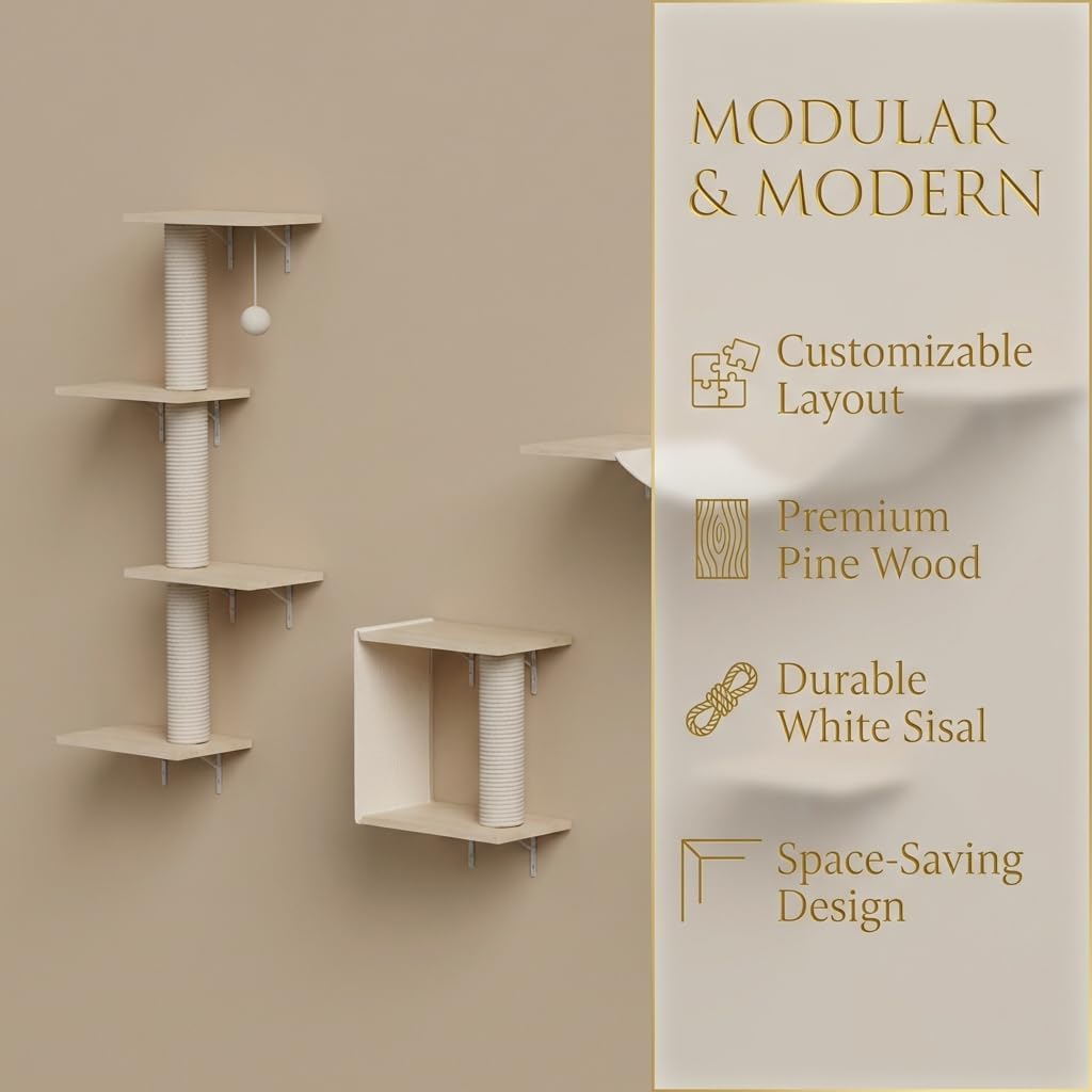 Pine Wooden Cat Wall Shelves, Stable & Safe 4 in 1 Wall Mounted Cat Furniture Set, Pine Wood Climber with House Bridge Steps Walls Playground Scratching Post (pind Wood)