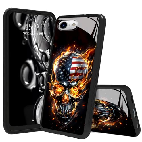 ACWDMKH for iPhone 5 Case,for iPhone 5S Case Tempered Glass Back & Shockproof TPU Bumper Scratch-Resistant Protective Heavy Duty Slim Cover,Flag Skull Fire