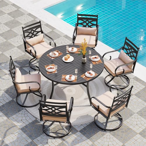 PHI VILLA 7 Pcs Patio Dining Sets,Outdoor Table Chair Set for 6 with Outdoor Swivel Chairs and Metal Frame Steel Round Table,Outdoor Dining Furniture with Cushion and Pillow for Garden Lawn Deck