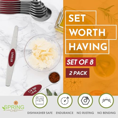 Image of Spring Chef Stainless Steel 8 Magnetic Measuring Spoons Set, 2 Pack, Red