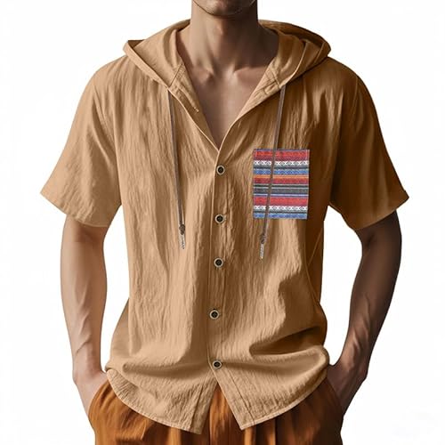 Men's Short Sleeve Hoodie Linen Casual Button Down Trendy Loose