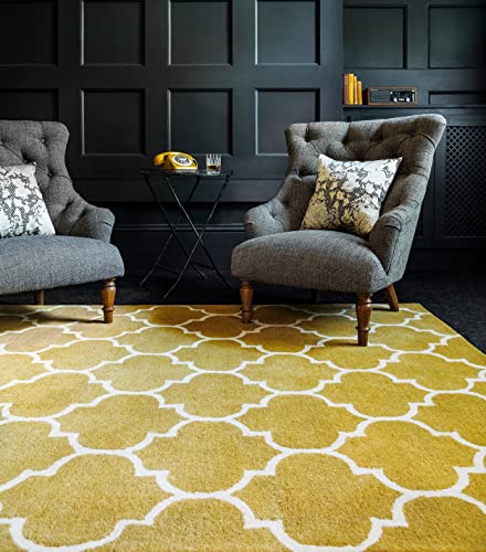 Lord of Rugs Morroccan Design Trellis Lined Rug Bedroom Living Room Hand Tufted Quality Wool Rug Large 160x230 cm (5'3"x7'7") Ochre