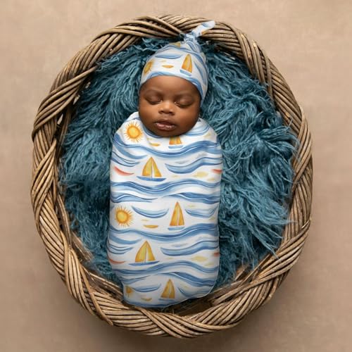 Image of Waves and Sail Boats Newborn Swaddle Blankets Hat Sets Soft Baby Receiving Blanket Swaddle Sack for Baby Shower Infant Boy Girl Gift