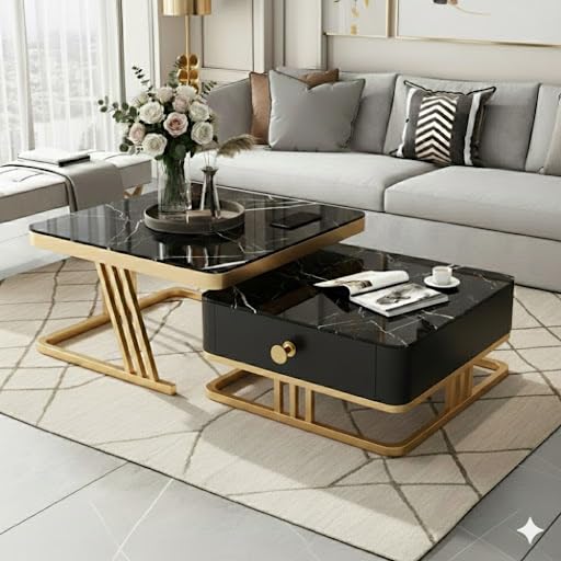 Image of Handmade Drawer Square 20 inchx20 inch Coffee Table /Nesting Table /Side Table /Center Table with Marble Finish Top for Living Room /Drawing Room (Black & Gold)