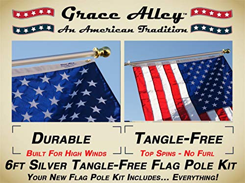 Flag Pole Kit 6 Ft Flagpole With Embroidered American Flag By Grace Alley - Embroidered Stars And Stitched Stripes, Brushed Silver Aluminum Rust Free & Tangle Free Wind Resistant Pole And Multi-Position White Bracket For Residential Or Commercial Use #TOP6