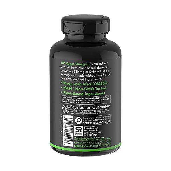 Sports Research Vegan Omega-3 Fish Oil Alternative from Algae Oil - Highest Levels of Vegan DHA & EPA Fatty Acids | Non-GMO Verified & Vegan Certified - 60 Veggie Softgels (Carrageenan Free)