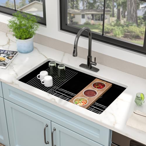 Image of 30 inch x 19 inch Undermount Matte Black Workstation Kitchen Sink | 16 Gauge T304 Stainless Steel Single Bowl Sink with Nano-PVD Finish, Integrated Ledge, R10 Rounded Corners, Under Counter