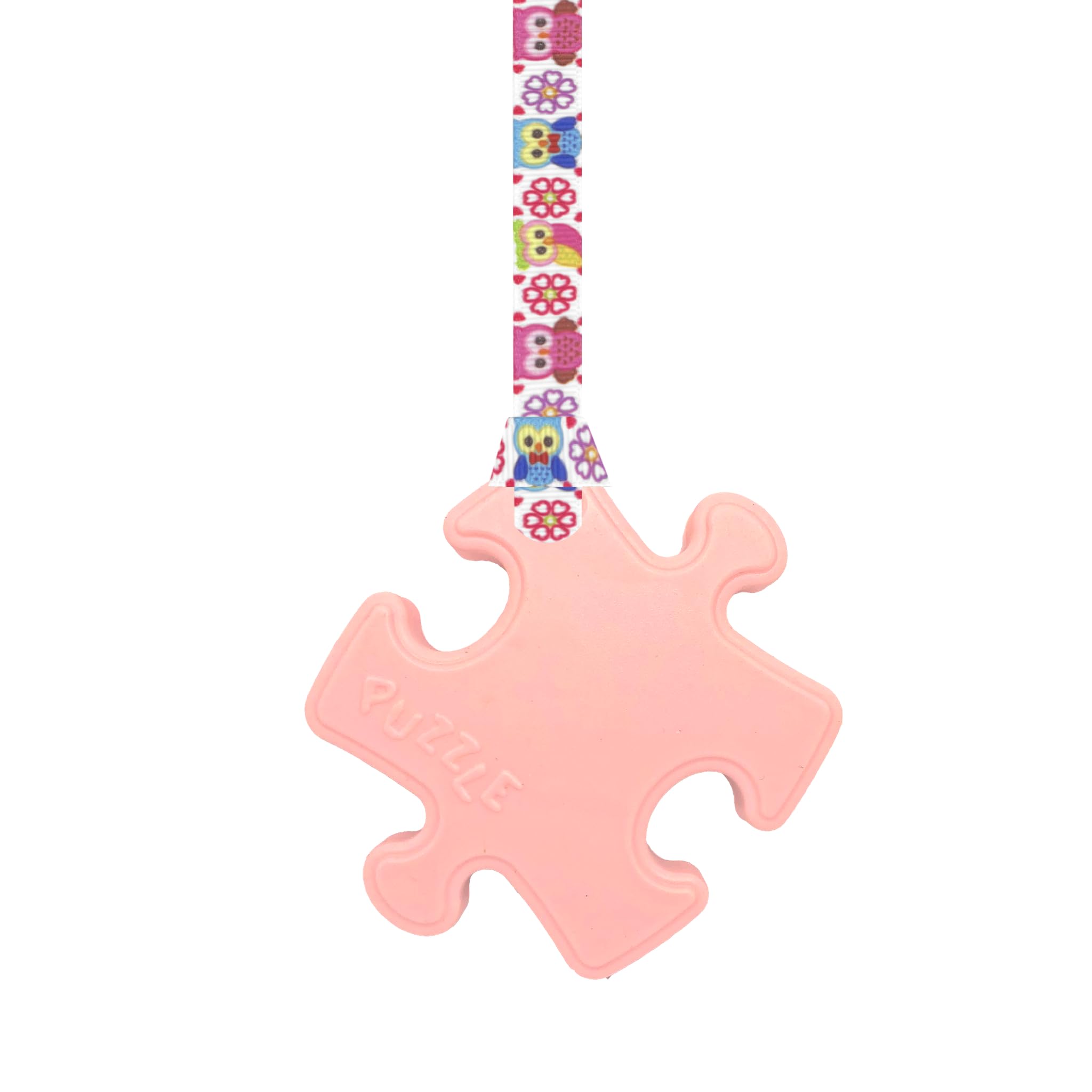 Sensory Oojamabobs - Puzzle pendant chew necklace - Autism - Pink with lanyard (6 designs available!) (54cm, Owls)