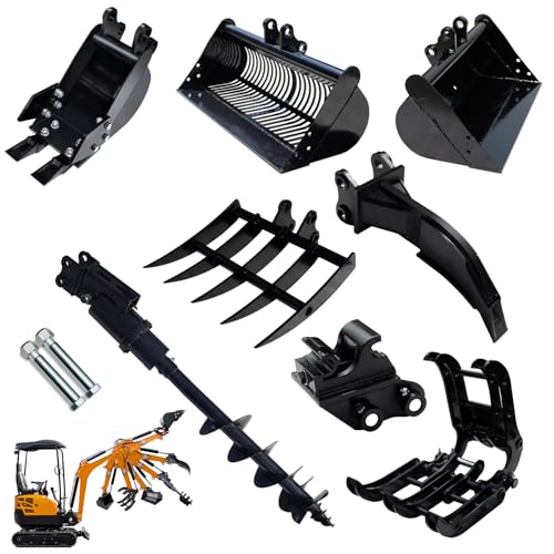 USA Stock Mini Excavator Attachments with Narrow Bucket Ripper Rake Auger Grapple Quick Hitch Screening Bucket Total 8pcs Excavator Accessories Kit