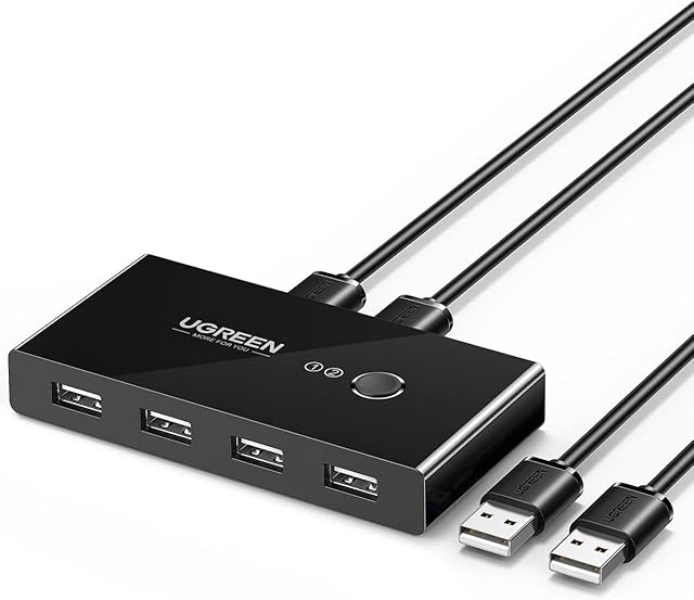 UGREEN USB 2.0 Switch, 2 In 4 Output USB KVM Switch with 2 Pack 1.5M USB 2.0 A to A Cable for Mouse Keyboard, Peripheral Sharing Switcher Compatible with PC, Laptop, Scanner, Printer
