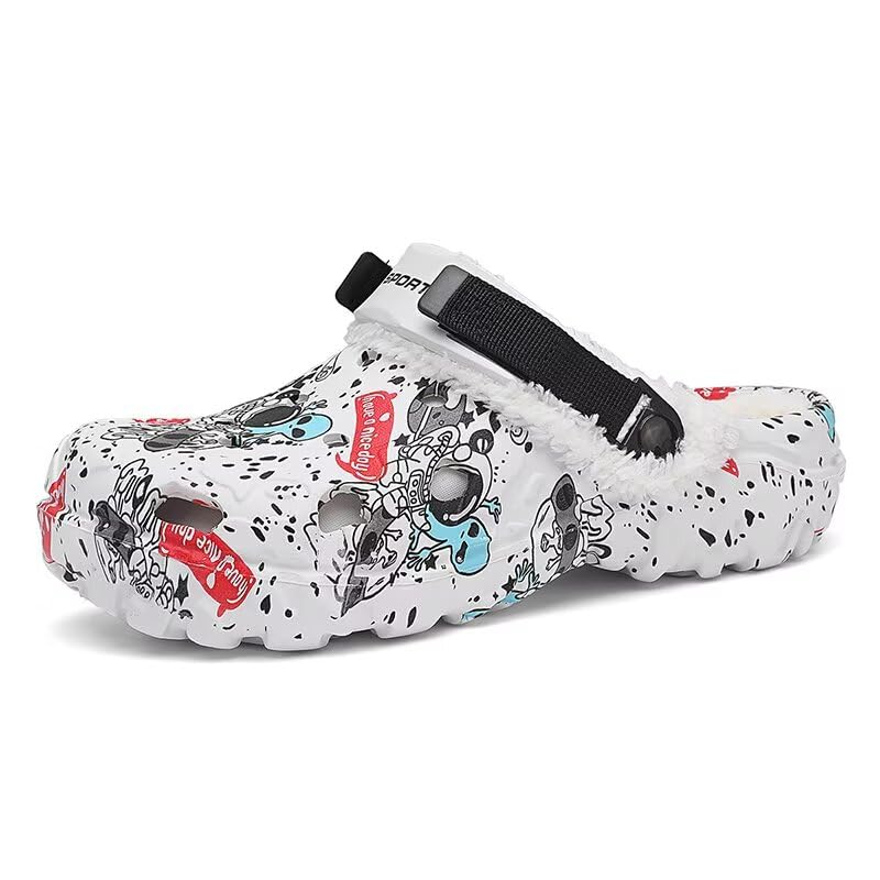 Image of Men's Printed Fuzzy Lined Clogs Winter Slip On Shoes | Warm Plush Lined Clog Shoes with Graphic Design, Lightweight Closed Toe Casual Footwear for Indoor Outdoor Wear