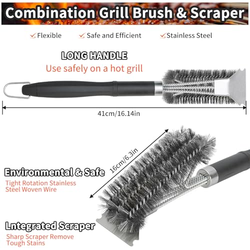 Grillbürste,CNMTCCO 3-in-1Edelstahl Bürste Grill,Ausgestattet mit Einer extra Langen Reinigungsbürste,Abstreifer und PP Wärmedämmung Griff für Gasgrill,Holzkohlegrill,Kugelgrill und Grillrost 2
