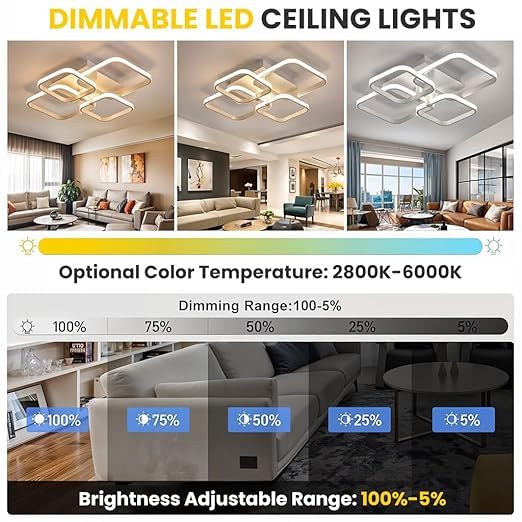 Image of LED Ceiling Light with Remote Control, White Acrylic Modern 3-Color Ceiling Light Flush Mount for Living Room, Bedroom, 58x45x12cm