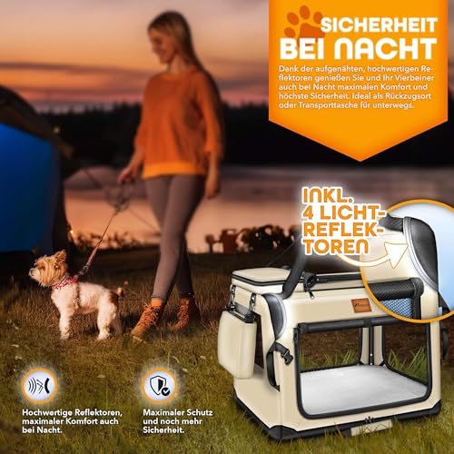 TRESKO® Hundebox faltbar inkl. Leckmatte, Spatel & Reflektoren M 61x42x42cm | Transportbox für Hunde und Katzen | Hundetransportbox Auto für kleine & große Hunde | Hundetasche robust Beige