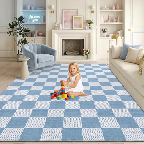 GarveeHome Checkered Blue 8x10 Washable Coastal Rug Low-Pile Living Room