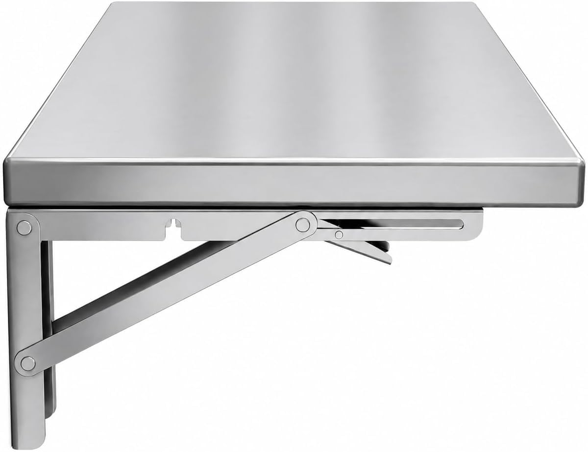 Table pliante murale en acier inoxydable – Bureau à feuilles tombantes peu encombrant pour cuisine, buanderie, salle de bain et bar de petit déjeuner – Robuste, facile à installer, design compact