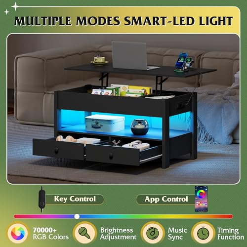 Image of WLIVE Lift Top Coffee Table with 2 Drawers Storage, LED Light, Black | Mid Century Modern Wooden Coffee Table, for Dining /Living Rooms /Offices; 39.4 inchW x 19.5 inchD x 19.1 inchH