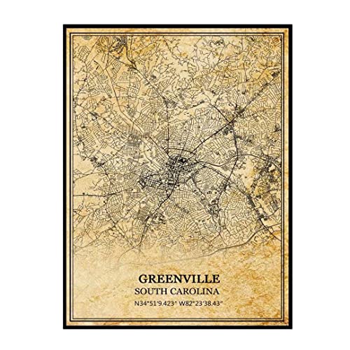 TANOKCRS Greenville South Carolina USA America - Póster de mapa vintage para pared, diseño de mapa de viaje, recuerdo, decoración del hogar, sin marco, 61 x 91 cm