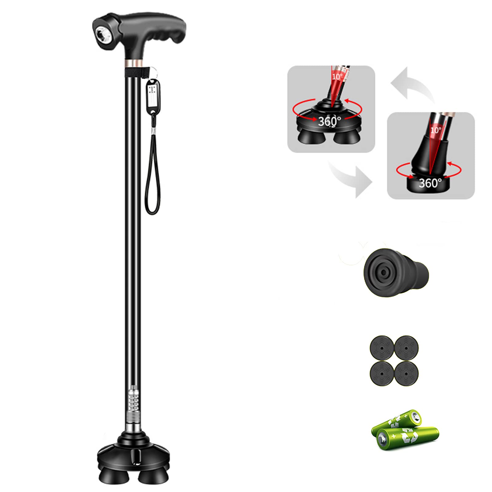 Bastón con Pivotante Pequeña Basar Muleta Incorporado Ajustable Linterna Tener 10 Retráctil Altura Auto De Pie Bastón De 4 Patas,Negro