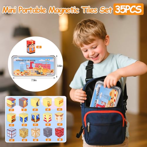 35pcs Portable Mini Magnetic Blocks Travel Set,Mini Magnetic Tiles for Kids with Skyscraper Theme Magnet Box,Building Magnetic Cubes for Kids Airplane Car Travel Roadtrip Essentials