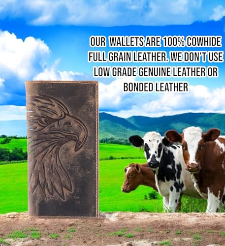 Image of F&L CLASSIC Men's RFID Vintage Look Genuine Leather Long Bifold Wallet Checkbook Wallets,brown eagle head,240-102