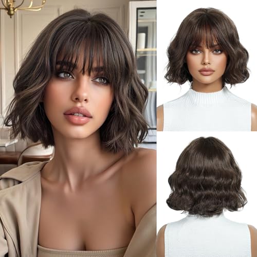 OUFEI Pelucas Bob Marrones para Mujer Peluca Corta Ondulada con Flequillo Pelo Sintético Natural Pelucas Resistentes al Calor para Uso Diario Fiesta Cosplay