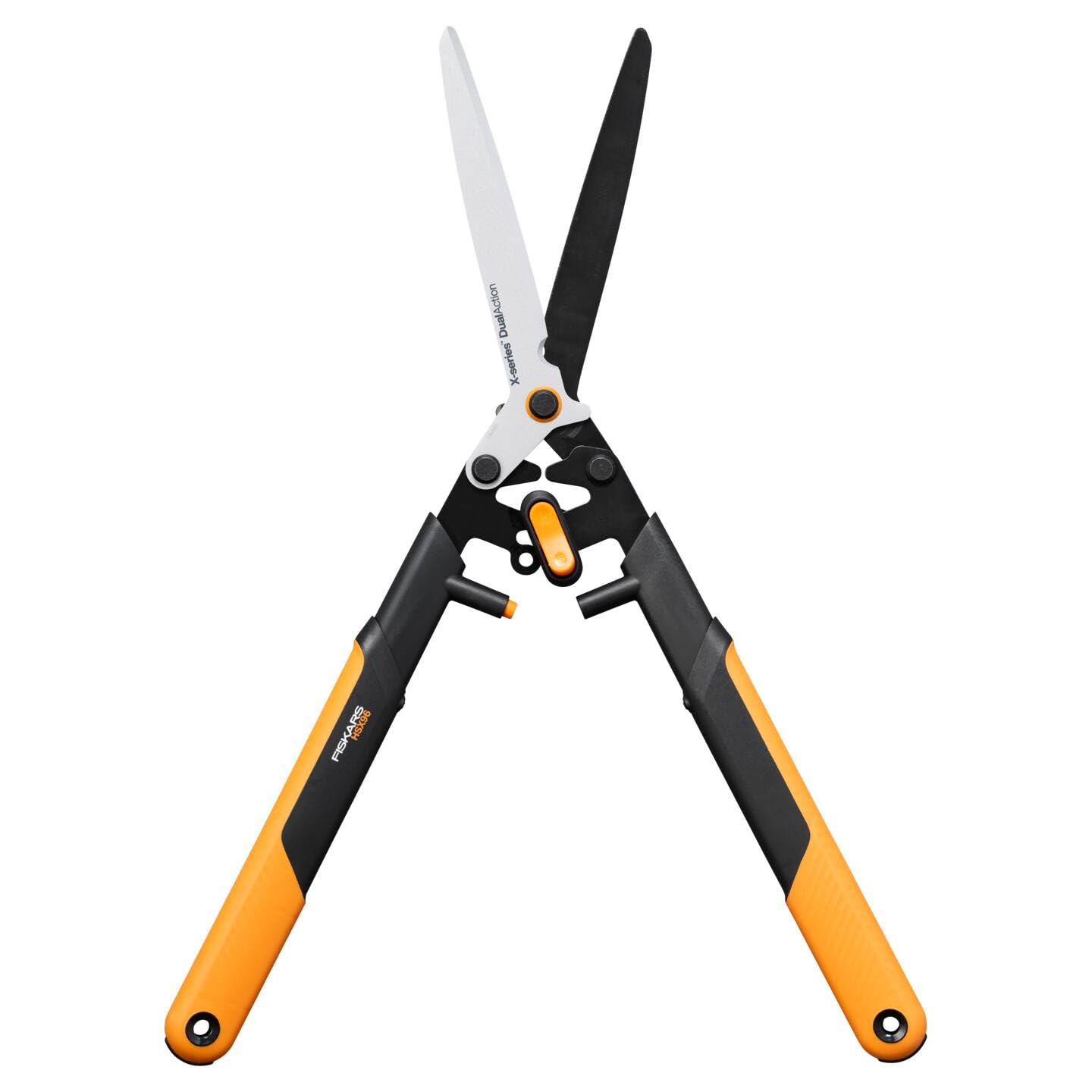 Fiskars X-series DualAction Tijeras cortasetos HSX96, Modo 2en1 para cortes rápidos o potentes, Cuchillas de acero con revestimiento antiadherente/Mangos FiberComp, Negro/Naranja, 1080134