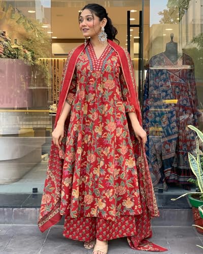 Image of GoSriKi Women's Rayon Viscose Anarkali Printed Kurta with Palazzo & Dupatta