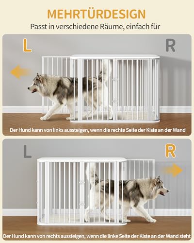 Hzuaneri Hundekäfig Möbel, Indoor Hundebox mit Kissen, Modernes Dreitür-Design, Hochbelastbar Hundekäfige, Beistelltisch aus Holz, Geeignet für Große Hunde, 108 x 66 x 77,5 cm, Weiß DFC86713W