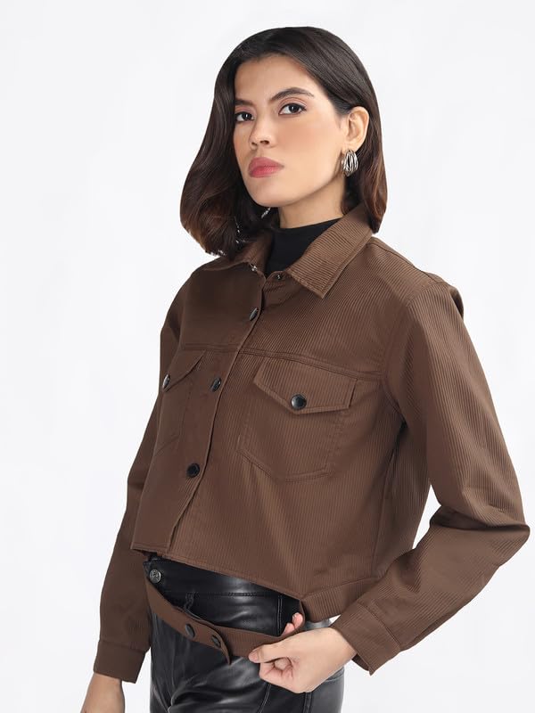 Image of CHKOKKO Solid Crop Jackets for Women stylish latest Long Sleeve Stylish Winter Shirt Jacket Casual Outerwear for Office