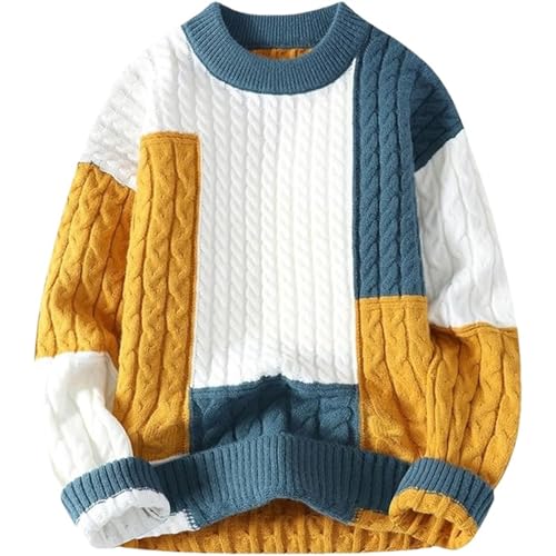Men's Cable Knit Patchwork Pullover Lightweight Casual Knitted Pullover Chunky Winter Twisted Thermal Sweaters