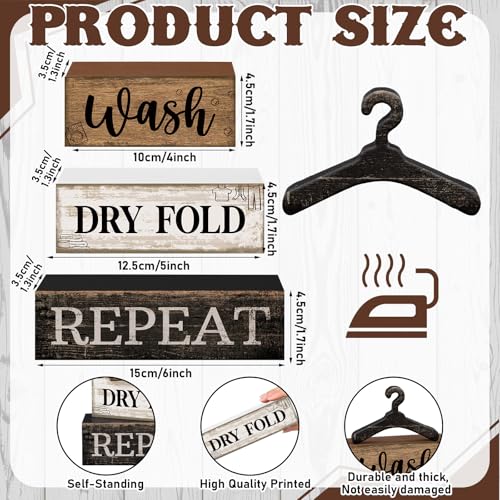 Image of Moucuny 4 Pcs Farmhouse Laundry Room Decor Stacked Blocks, Wash Dry Fold Repeat Wooden Sign Set with Vintage Hanger - Rustic Home Shelf Decor for Laundry Area Housewarming Gift