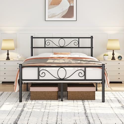 Yaheetech Cama Doble Hierro para Colchón de 135 x 190 cm Estructura Industrial de Metal Negro, Marco Base