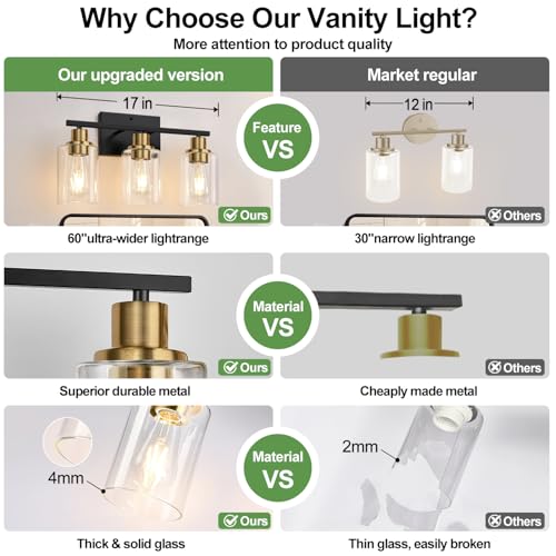 Image of Indoi 3-Light Bathroom Light Fixtures, Black and Gold Modern Vanity Lights with Clear Glass Shades, Bathroom Wall Lamp for Mirror Living Room Cabinet Bedroom Porch