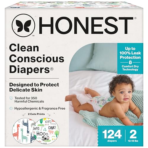 Image of The Honest Company Clean Conscious Diapers for Delicate Skin | Up to 100% Leakproof | Hypoallergenic, Fragrance Free | Gender Neutral | Super Club Box, Size 2 (12-18 lbs), 124 Count (Prints May Vary)