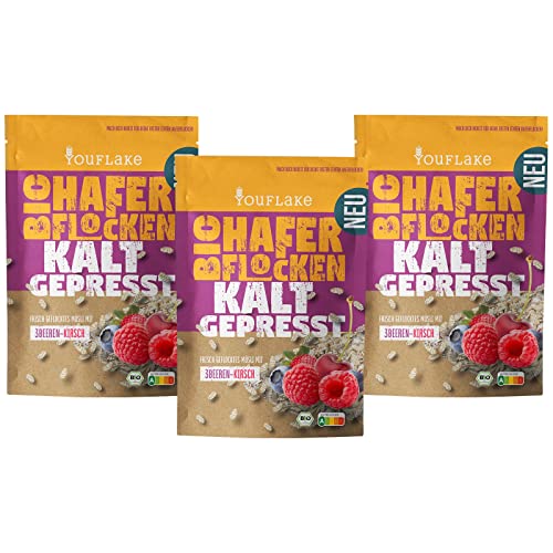 YouFlake Kaltgepresste Bio Haferflocken 3Beeren-Kirsch | 3 x 320 g | Müslimischung mit Haferflocken, Früchten und Beeren