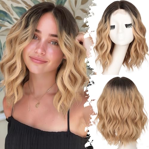 Image of Eawwii Wigs for Women Honey Blonde Dark Roots,Short Wavy Synthetic Lace Wig | Ombre Glueless 4x1 Lace Hairline, Heat-Resistant Fiber,Bob Wave Style,Natural Appearance for Everyday Cosplay 14 Inch