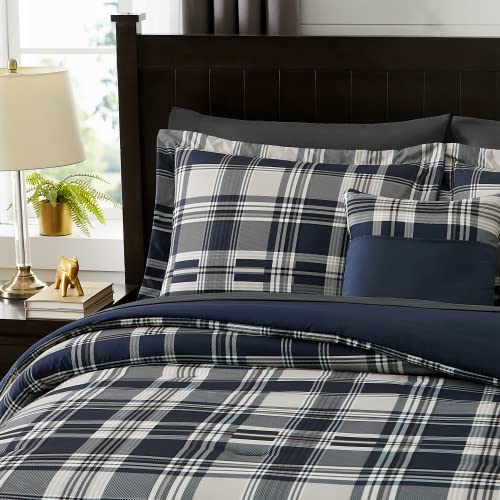 Image of MaiReve Queen Size Comforter Set Navy Blue, Classic Plaid Farmhouse 7 Pieces Bedding Set, All Season Lightweight Bed in a Bag with Sheets, Pillowcases & Shams