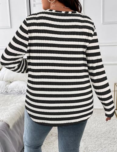 Image of Koscacy Women Plus Size Casual Knit Sweater with Pocket V Neck Solid Color Tops Lightweight Long Sleeve Blouses