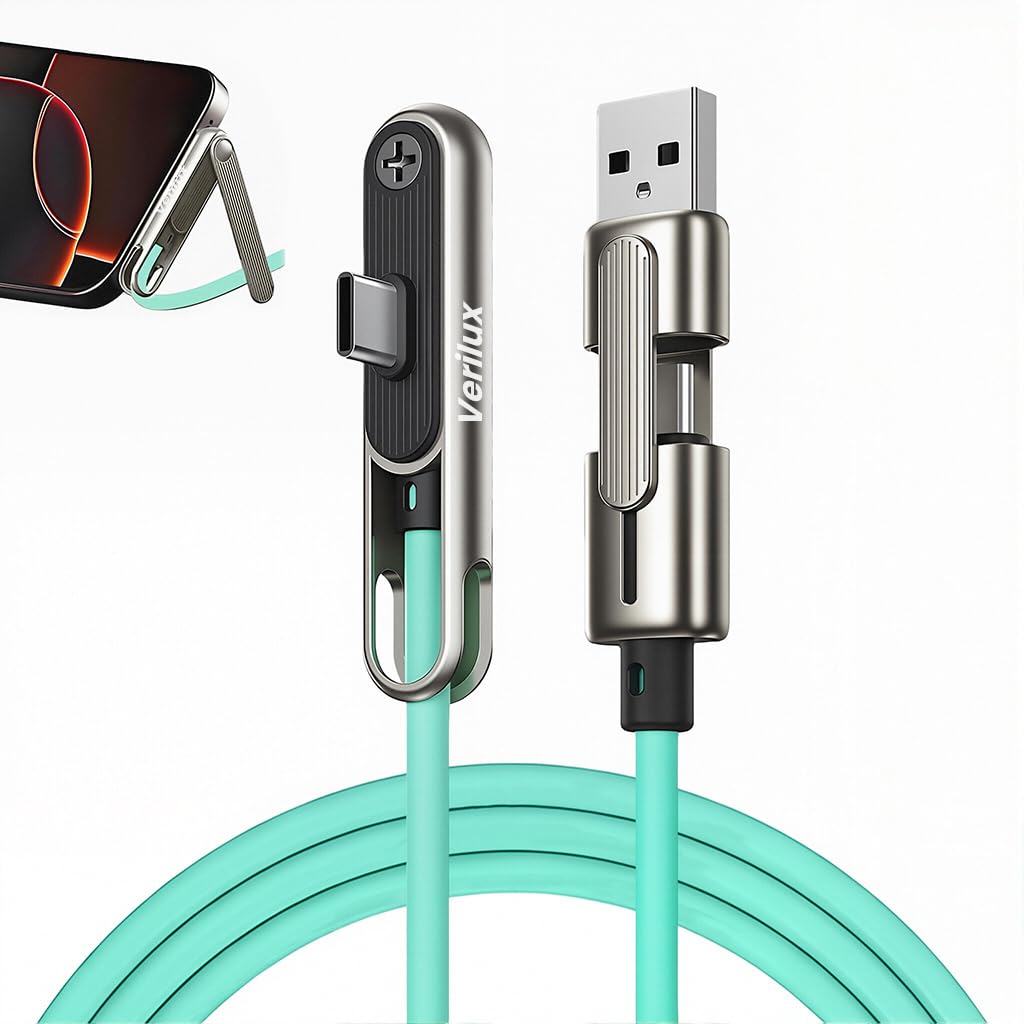 Verilux® PD 240W 2 in 1 Type C Cable Fast Charging with Stand, 3.9Ft Right Angle C Type Charger Cable with 480MBPS Data Transfer for iPhone 17/17 Pro/17 Por Max/16/15, Galaxy S25/S24, Blue-green-image-49