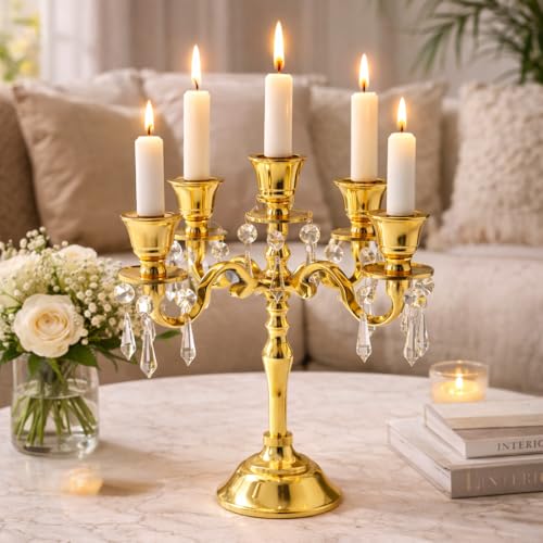 Image of Premium 8Inch Golden Aluminum 5-Arm Candle Stand with Crystal Hangings | Luxury Centerpiece for Home Decor, Weddings, Festive Decoration & Dining Table