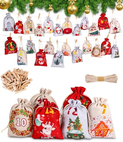 Calendrier de l'Avent à Remplir en Tissu 2024,Calendrier de l Avent,24 Numéros, 24 Clips de Fixation, Compte à Rebours du Festival