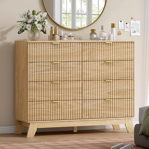Image of Wodeer 8 Drawer Fluted Dresser for Bedroom, Mid Century Modern Wooden Dresser with 8 Drawers, Dressers & Chests of Drawers with Metal Handle, TV Stand & Storage Organizer for Entryway, Hallway, Oak
