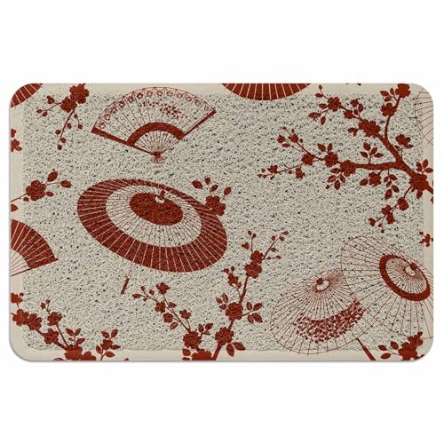 Ooomigasusi 玄関マット 和風 桜 赤色 花 傘 ベージュバック ドアマット 60×90cm 屋内 屋外 ループ状 泥落とし 滑り止め付 吸水 足ふき 洗える 業務用 自宅用 厚手 浴室 お風呂 円角長方形 丈夫 抗菌 防臭
