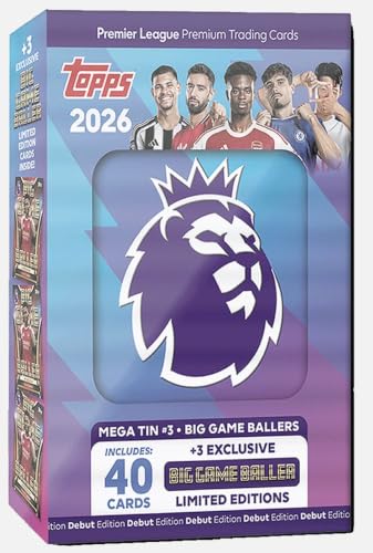 Topps Premier League 2026 new - One Random Mega Tin - 40 Cards Including 3 Exclusive LE 25/26 Soccer Cards + Bundle with Hassential Sticker Premier League Soccer Cards
