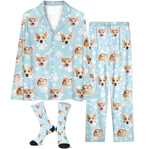 Custom Face Pajamas for Women Men,Personalized Dog Cat Pet Pajamas Set,Christmas Long Sleeve Sleepwear Pjs