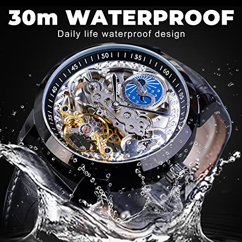 FORSINING Men's Skeleton Moon Phase Watch Mechanical Self-Wind Tourbillon Dual Time Zone Watches Automatic Luxury Leather Strap Large Dial Wristwatch
