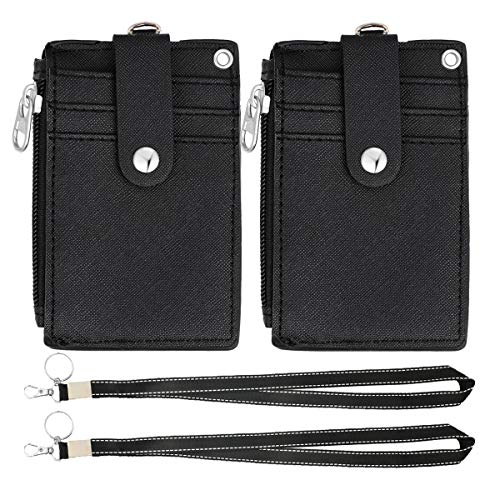 Image of 2 Pack ID Badge Holder with Lanyard,2 Sided 5 Card Slots ID Card Holder Wallet with PU Leather Zipper Pocket and Detachable Keychain Lanyard for Teens Men Women(Black)