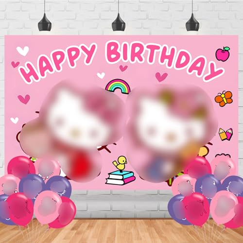 Image of Kitty Cat Birthday Decorations,Cartoon Kitty Cat Backdrops for Party Decorations Supplies,Anime Happy Birthday Banner Backdrop for Party Supplies (5x3ft)